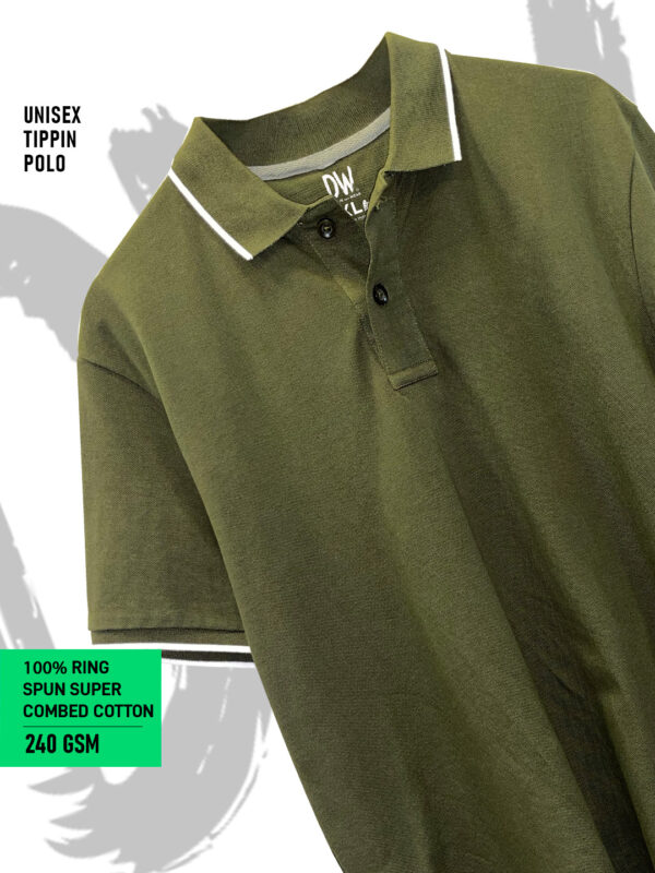 UNISEX TIPPING POLO – Plain | OLIVE GREEN - White Tipping | 240gsm